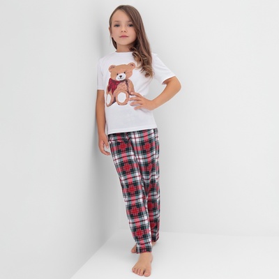 Пижама для девочки новогодняя (футболка, брюки) KAFTAN Christmas time, размер 32 (110-116 см), бело-красная