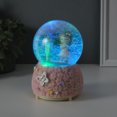 Снежный шар стеклянный «Цветочная полянка и малыш», музыкальный, световой, 10×10×14.5 см, МИКС