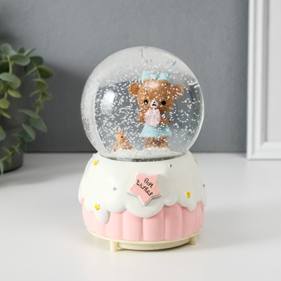 Снежный шар стеклянный «Мишка и торт», музыкальный, световой, 10.2×10.2×15.8 см, МИКС