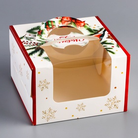 Коробка под бенто - торт с окном новогодняя «С Новым годом», 15.5×15.5×10 см