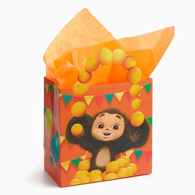 Пакет подарочный с упаковочной бумагой тишью, 22×22×12 см, Чебурашка