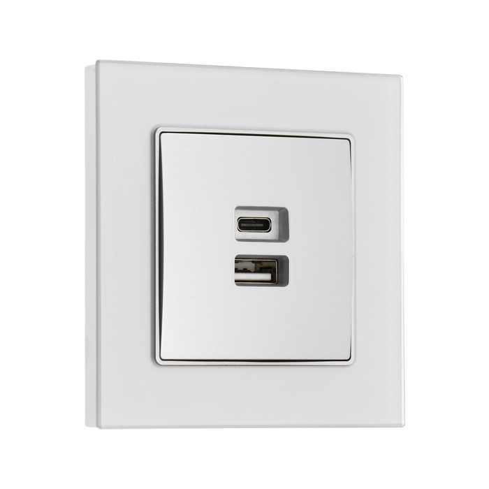

Розетка с USB-A + USB-C разъёмами, 2.1 A, 5В, TOT Matte Glass, скрытая, стекло, серебристая 104396