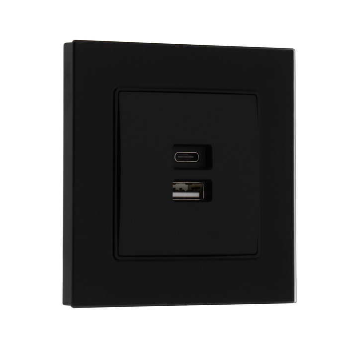 

Розетка с USB-A + USB-C разъёмами, 2.1 A, 5В, TOT Matte Glass, скрытая, стекло, черная