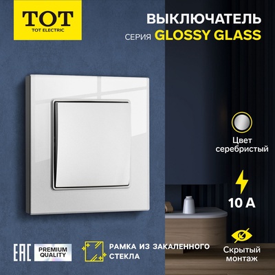 Выключатель TOT Glossy Glass, 10 А, 1 клавиша, скрытый монтаж, стеклянная рамка, серебристый
