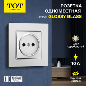 Розетка одноместная TOT Glossy Glass, 10 А, скрытая, без з/к, стекло, серебристая 10439718