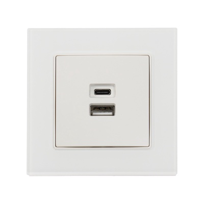 Розетка TOT Glossy Glass, 5 В, 2.1 A, разъёмы USB-A + USB-C, стекло, скрытая, белая