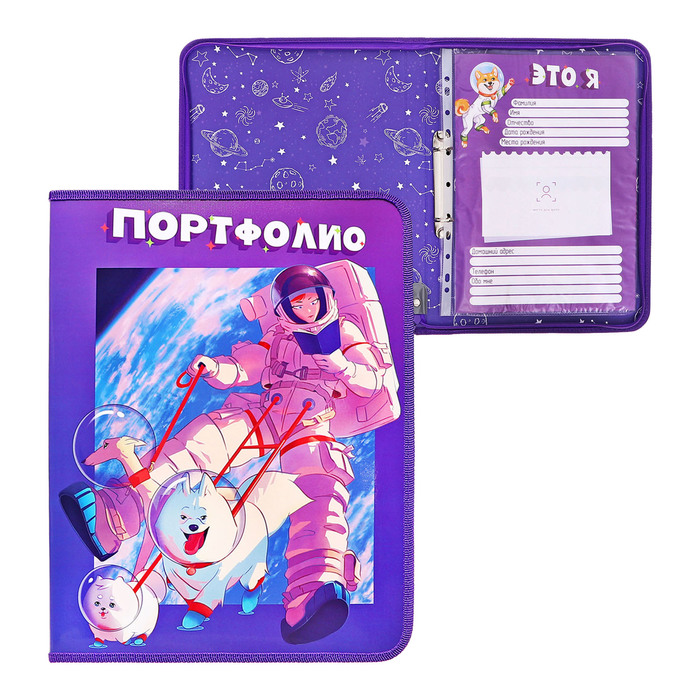 Папка-портфолио А4 Астронавт, Calligrata TOP, твердая обложка, на кольцах, молния вокруг, для школьника, 1 файл, 8 вкладышей