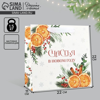 Пакет подарочный новогодний ламинированный квадратный «Счастья в Новом году», 22×22×11 см