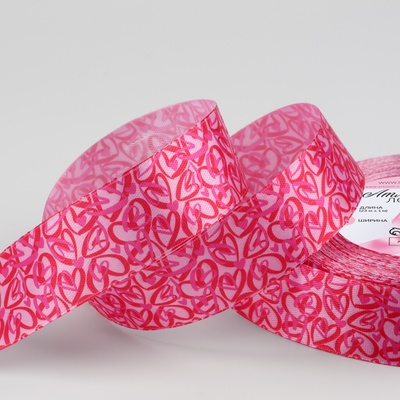 Лента атласная «Сердца», 25 мм, 23±1 м, фуксия