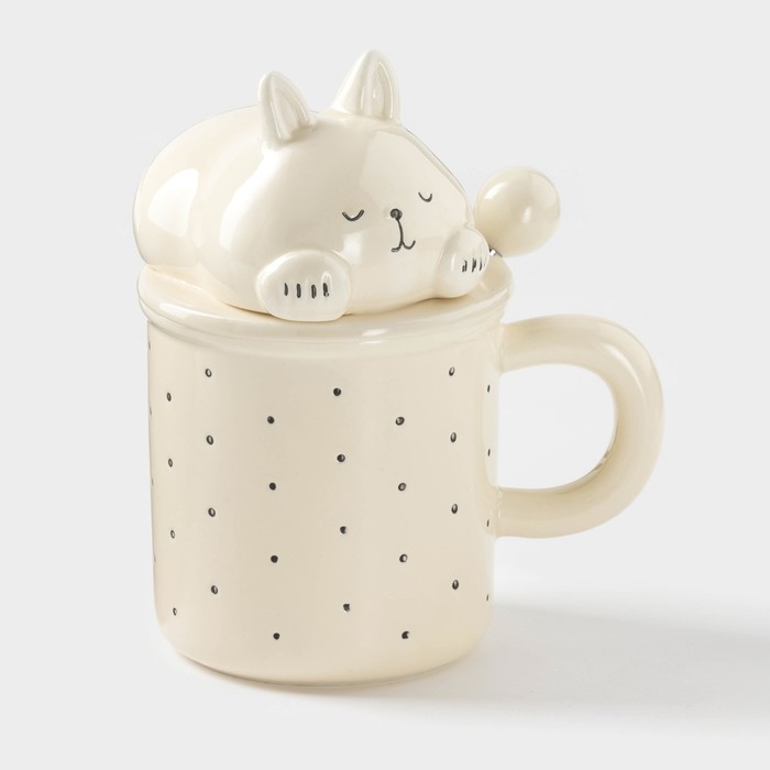 Кружка «Милый кот», 400 мл, 13.3×9.5×16 см, керамика, бежевая - Фото 1