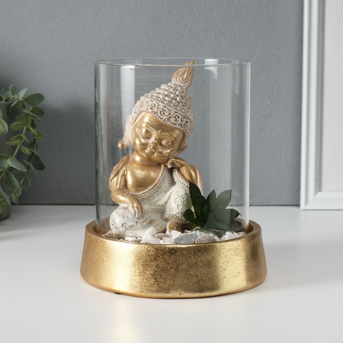 Нэцкэ фигурка «Маленький Будда в саду камней», полистоун, стекло, 15.5×15.5×18 см