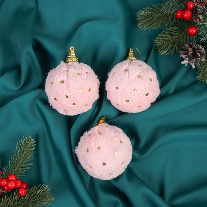 Ёлочные игрушки «Нежность», шары новогодние, d=8 см, набор 3 шт., сердца, розовый - Фото 1