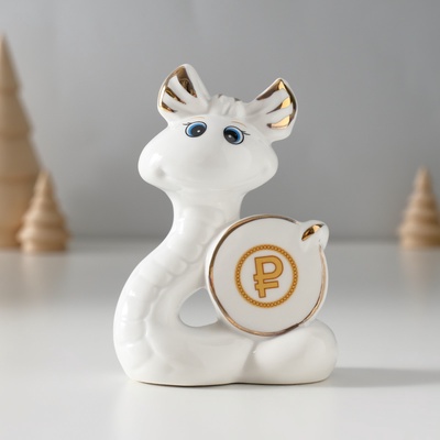 Фигурка керамика «Белая змейка с бантиком, с монеткой $», с золотом, 3×7.5×9.3 см