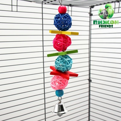 Игрушка для птиц, мячики такрау с колокольчиком и бусинам, цвет МИКС