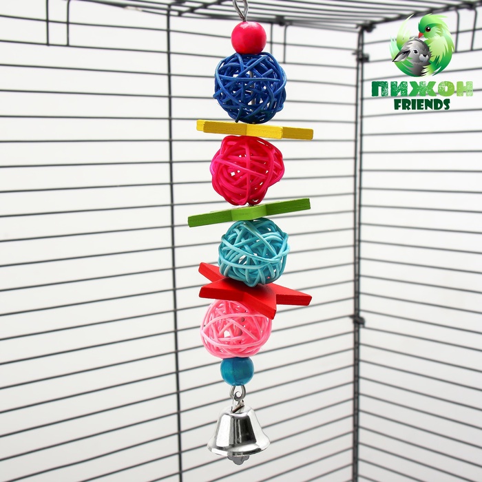 Игрушка для птиц, мячики такрау с колокольчиком и бусинам, цвет МИКС - Фото 1