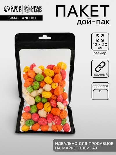 Пакет дой пак с окном, с еврослотом, черный, 12×20 см