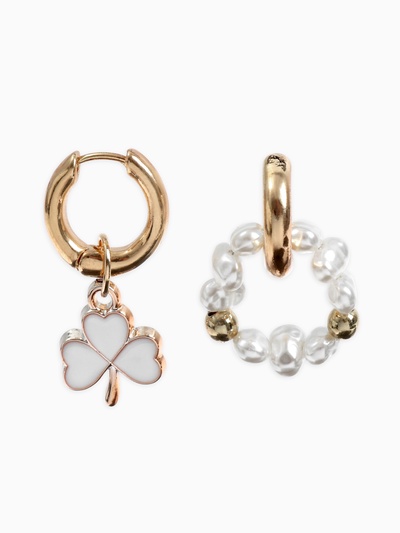Серьги со съёмным элементом «Трансформер» клевер-сердце, цвет бело-бежевый в золоте