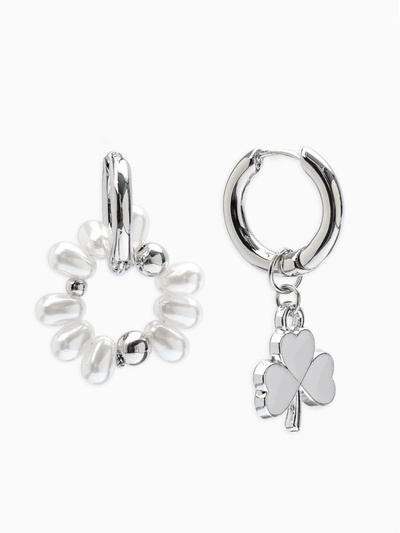 Серьги со съёмным элементом «Трансформер» клевер-сердце, цвет бело-бежевый в серебре