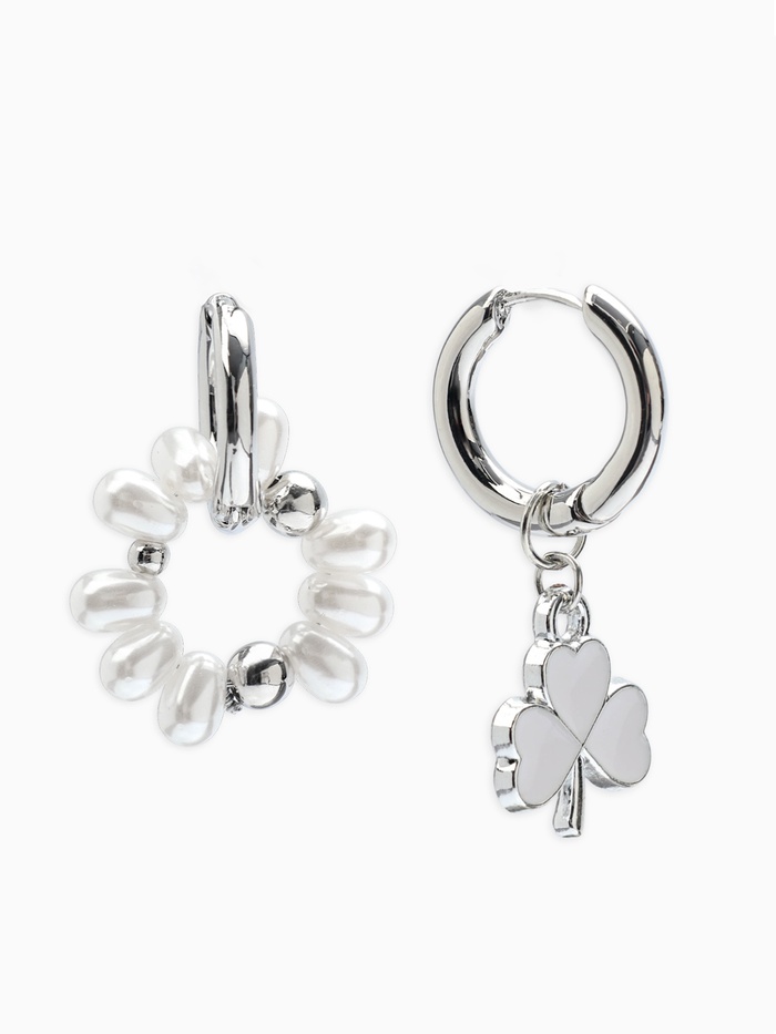 Серьги со съёмным элементом «Трансформер», клевер-сердце, бело-бежевые в серебре - Фото 1