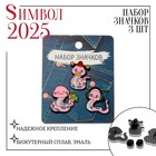 Новый год! Символ года 2025! Набор значков (3 шт.) «Змейки», цвет розовый в чёрном металле - фото 322135436