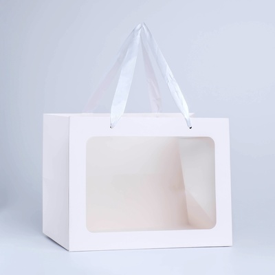 Пакет подарочный с широким дном и окном 25×19×18 см, белый