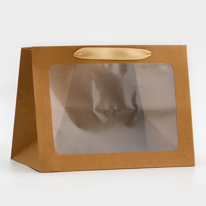 Пакет подарочный с широким дном и окном 25×19×18 см, крафт - Фото 1