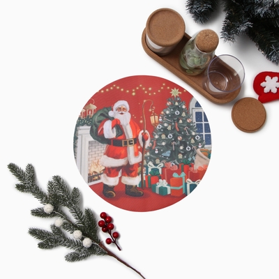 Салфетка сервировочная новогодняя на стол «Этель. Санта», красная, круглая, d=30 см