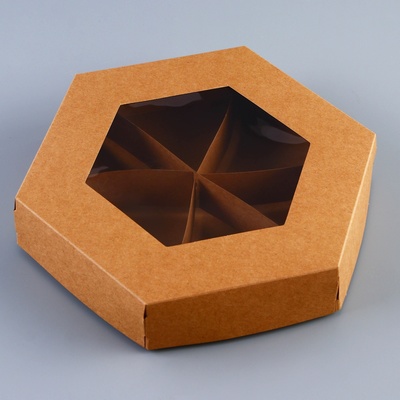 Коробка - менажница крафт, с ПВХ окном, 6 ячеек, 20×4 см