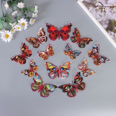 Наклейка бумага, пластик «Бабочки на Хэллоуин», красные, набор 12 шт.