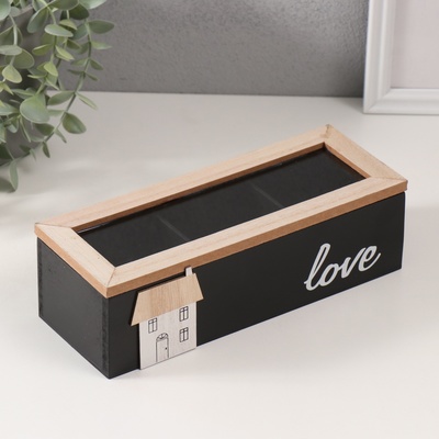 Шкатулка для чая с делениями «Домик», дерево, чёрная, 23.7×9.5×7.5 см