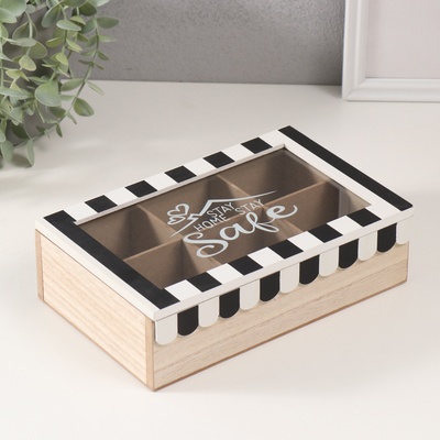 Шкатулка для чая с делениями «Крыша дома с сердечками», дерево, чёрная с белым, 23×15×7 см