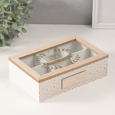 Шкатулка для чая с делениями «Треугольники орнамент», дерево, белая с золотом, 23×15×7 см