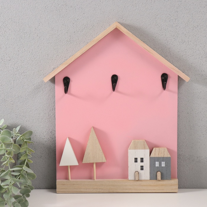 Настенные крючки декоративные «Домики и деревья», ключница, дерево, розовый, 28×33.5 см