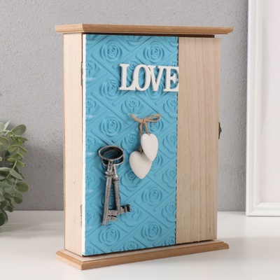 Ключница настенная «Роза. Ключи и сердце», дерево, 6 крючков, голубой 6.5×20×26.5 см