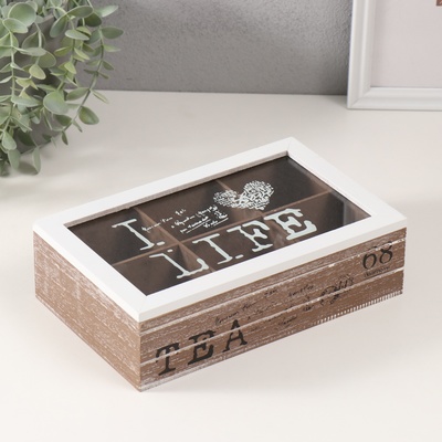 Шкатулка для чая 6 делений «Я люблю жизнь», дерево, коричнево-белая, 15×24×7 см