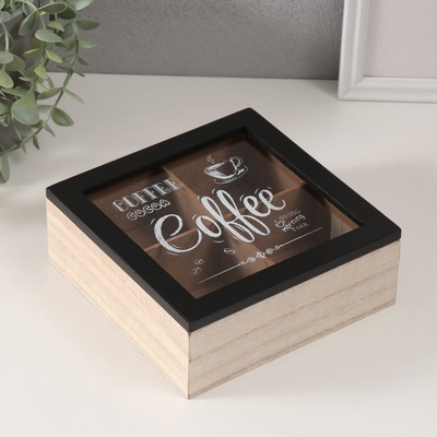 Шкатулка для чая 4 деления «Утро начинается с кофе», дерево, 18.2×18.2×7.2 см