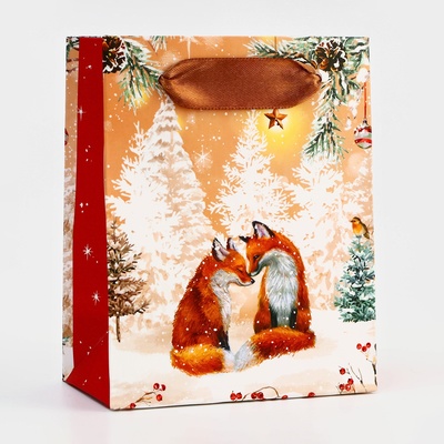 Пакет подарочный новогодний ламинированный «Лисята», люкс, 11.5×14.5×6.5 см