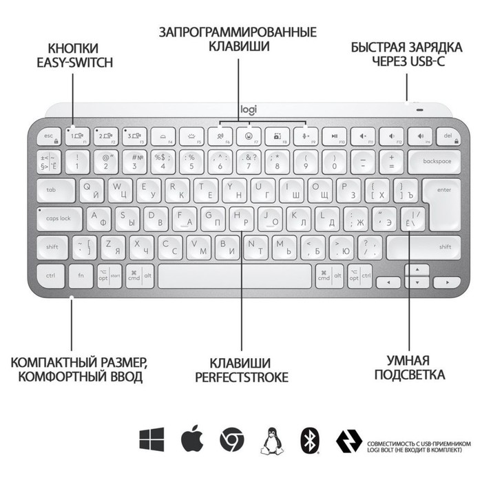 Клавиатура Logitech MX Keys Mini серебристый/белый USB беспроводная BT/Radio LED (920-01050   107890 - фото 51673917