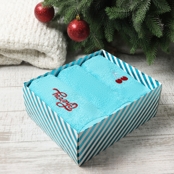 Полотенца махровые «Этель» Cherry, 3 шт., 30×60 см, хлопок 100%, голубые - Фото 1