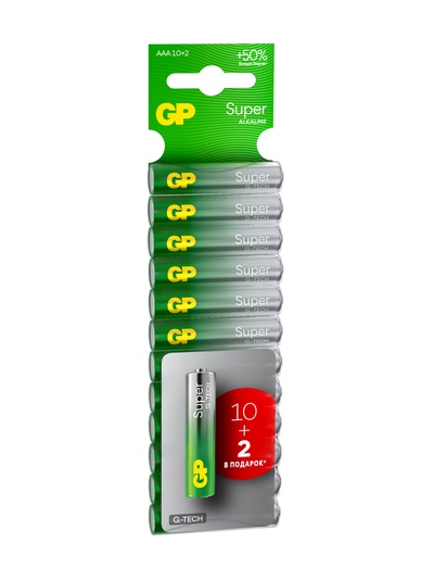Батарейка алкалиновая GP Super, AAA, LR03-12BL, 1.5 В, блистер, 10+2 шт.
