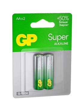 Батарейка алкалиновая GP Super, AA, LR6-2BL, 1.5 В, блистер, 2 шт.