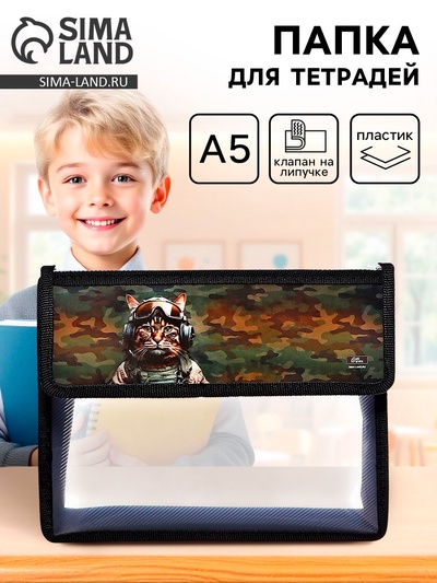 Папка для тетрадей, А5, пластиковая, 23×19×5 см «Кот камуфляж»