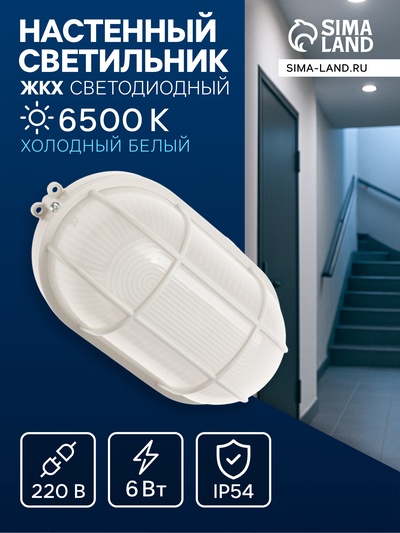 Светильник ЖКХ светодиодный, 6 Вт, IP54, 6500К, 220В, овал, пластик, белый