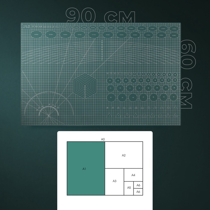 Мат для резки, трёхслойный, 90 × 60 см, А1, цвет зелёный