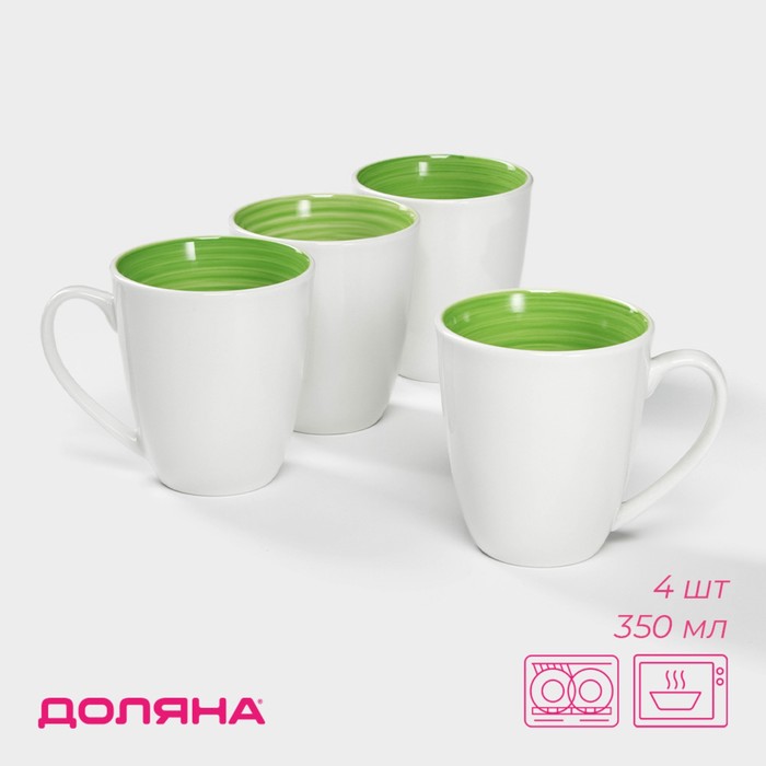 Кружки Доляна «Палитра», 350 мл, набор 4 шт., фарфор, белые, зелёные - Фото 1