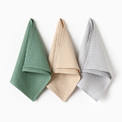 Набор кухонных полотенец «Доляна»: серый, зелёный, бежевый, 35×60 см-3 шт., 100% хлопок, крупная вафля, 220 г/м²