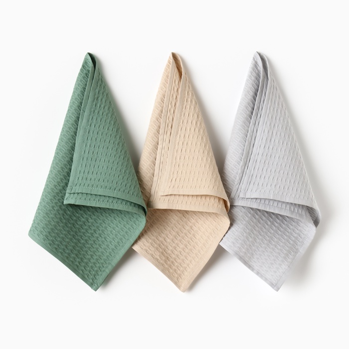 Набор кухонных полотенец «Доляна»: серый, зелёный, бежевый, 35×60 см-3 шт., 100% хлопок, крупная вафля, 220 г/м² - Фото 1