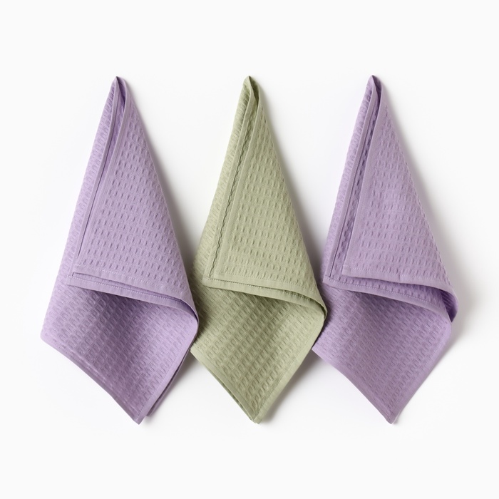 Набор кухонных полотенец «Доляна»: оливковый, лавандовый, 35×60 см-3 шт., 100% хлопок, вафля, 220 г/м² - Фото 1