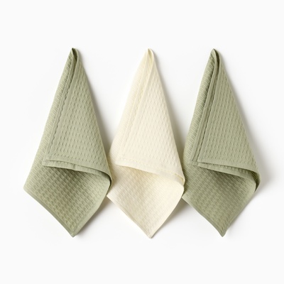 Набор кухонных полотенец «Доляна»: белый, оливковый, 35×60 см-3 шт., 100% хлопок, вафля, 220 г/м²