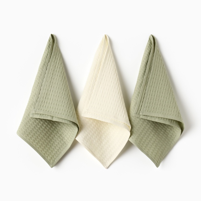 Набор кухонных полотенец «Доляна»: белый, оливковый, 35×60 см-3 шт., 100% хлопок, вафля, 220 г/м² - Фото 1